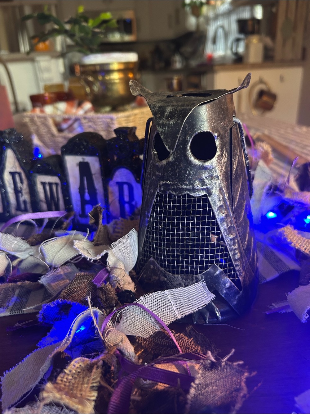 Three piece Halloween bundle, Owl Lantern, Beware Sign and a lit 78” rag garland